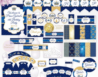 Prince, navy blue and gold glitter editable party decor package, royal printable, digital party supplies, edit template with CORJL