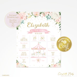 Peut inclure: Une affiche de f&ecirc;te de premier anniversaire rose et or avec une illustration de carrousel. L'affiche pr&eacute;sente le nom "Elizabeth" et la date "08.24.2024". Elle comprend des d&eacute;tails comme le poids, la taille, les aliments pr&eacute;f&eacute;r&eacute;s et les jouets.