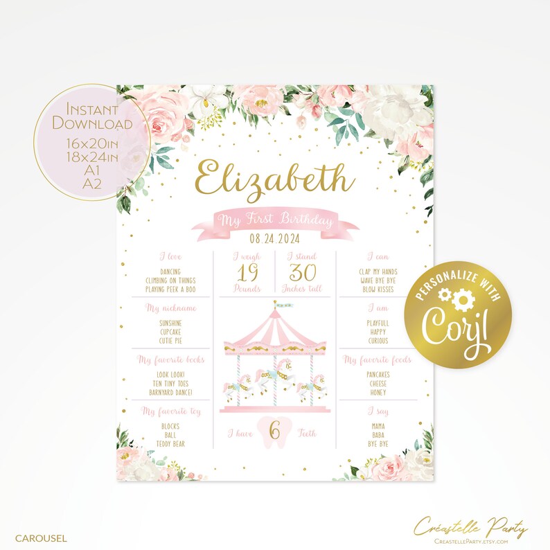 Peut inclure: Une affiche de f&ecirc;te de premier anniversaire rose et or avec une illustration de carrousel. L'affiche pr&eacute;sente le nom "Elizabeth" et la date "08.24.2024". Elle comprend des d&eacute;tails comme le poids, la taille, les aliments pr&eacute;f&eacute;r&eacute;s et les jouets.