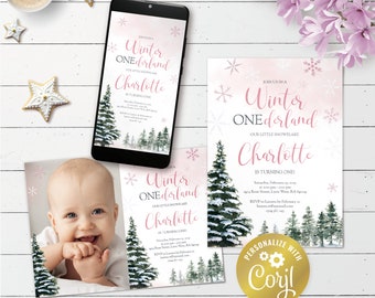 Invitación al bosque de invierno, onederland de invierno editable, invitación digital de cumpleaños de nieve, imprimible, evita copo de nieve rosa, plantilla corjl
