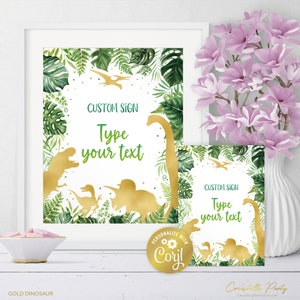 Dinosaur custom sign template, gold T-Rex editable printable, safari party decoration, jungle party sign, corjl template