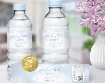 Cloud nine editable water bottle label, sky baby shower label, gender neutral digital party favor, printable label, corjl template