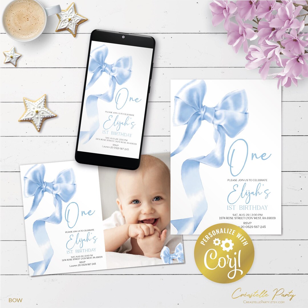 Bow, Editable Blue Elegant Ribbon Printable Invitation, Pretty Coquette ...