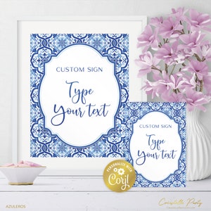 Party sign set, editable mediterranean signs, tuscan party signs, party decoration, azulejos blue tile signs package, corjl template