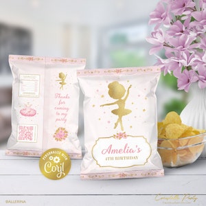 Ballerina editable chip bag wrapper, pink and gold ballet birthday snacks label, digital party favor, tutu printable label, corjl template
