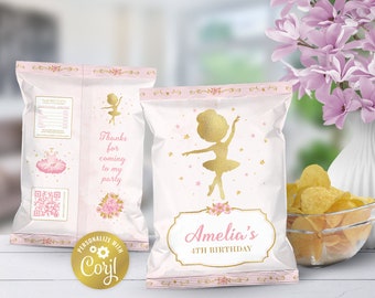 Ballerina editable chip bag wrapper, pink and gold ballet birthday snacks label, digital party favor, tutu printable label, corjl template