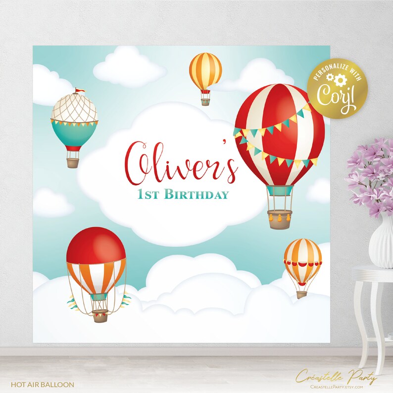Editable Hot Air Balloon Red Backdrop File, Square Up, up & Away Party ...