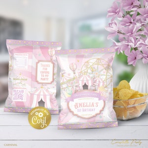 Bearbeitbarer Chipsverpackungsbeutel für Karneval, Geburtstags-Snacketikett mit Zirkusnummer, digitales Gastgeschenk für Mädchen, druckbare Corjl-Vorlage
