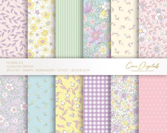 Floral Digital Paper Pack, Lilac, Pink, Blue, Yellow, 12 seamless ditsy flowers pattern (Digital Download)
