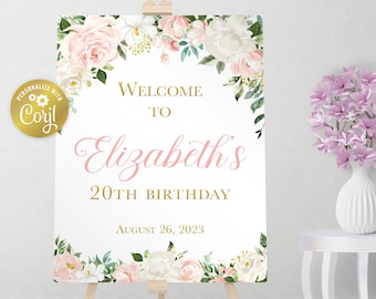 Sinal de boas-vindas de rosas blush, sinal editável de festa floral rosa, decoração de festa para impressão, sinal de flores de rosas em aquarela, editável com corjl