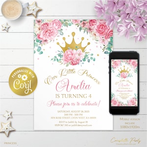 Editable princess invitation, royal crown printable, pink and gold glitter birthday digital invitation, floral evite, edit with CORJL