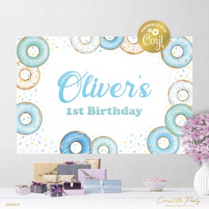 Editable Donut backdrop file, sweet one poster, blue sprinkles decoration, donut grow up background, template corjl, FILE ONLY