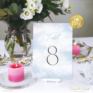 No modelo de cartão de número de mesa Cloud Nine, cartão de assento, céu para impressão, cartão de casamento azul empoeirado, 2 tamanhos incluídos, modelo Corjl