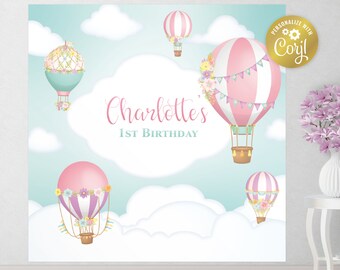 Bewerkbaar roze achtergrondbestand heteluchtballon, vierkante feestposter Up, Up & Away, verjaardagsachtergrond lucht en wolken, corjl-sjabloon, ALLEEN BESTAND