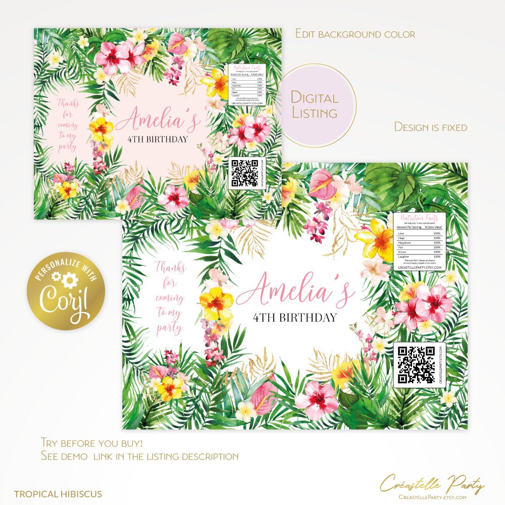 Tropical Floral Editable Chip Bag Wrapper, Hawaii Flowers Birthday