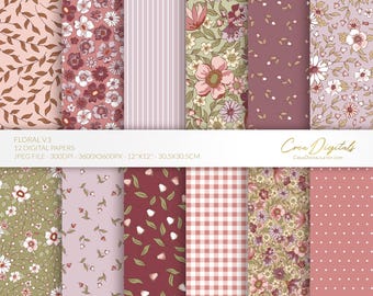 Floral Digital Paper Pack, Burgundy and Pink, 12 seamless ditsy flowers pattern (Digital Download)