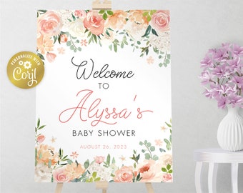 Perzik bloemen welkomstbord, aquarel bloemen bewerkbaar bord, perzik blos crème bloemen afdrukbare feestdecoratie, bewerkbaar met corjl