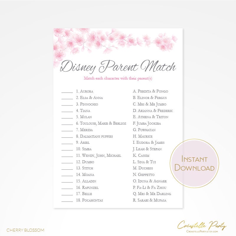 Instant Download Girl Baby Shower Game Pink White Match The Disney Parents Printable Cherry Blossom Disney Parent Match Game 5MQ8W Instant Download Girl Baby Shower Game Pink White Match The Disney Parents Printable Cherry Blossom Disney Parent Match Game 5MQ8W
