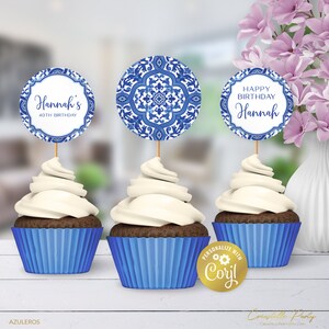 Mediterranean editable cupcake topper, tuscan label, azulejos blue tile digital party favor, printable cake decoration, corjl template
