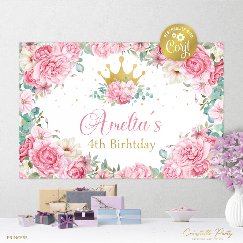 May include: A pink and green floral birthday banner with a gold crown and the text "Amelia's 4th Birthday".