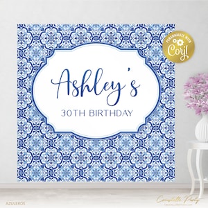 Mediterranean backdrop file, square azulejos blue tile poster, italian party decoration, tuscan background, corjl template, FILE ONLY