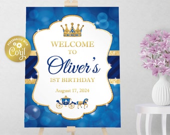 Prince welcome sign, royal party editable sign, printable party decoration, blue bokeh and gold sign, crown and carriage editable with corjl