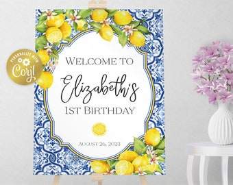 Mediterranean lemon welcome sign, tuscan party editable sign, printable party decoration, azulejos blue tile sign, editable with corjl