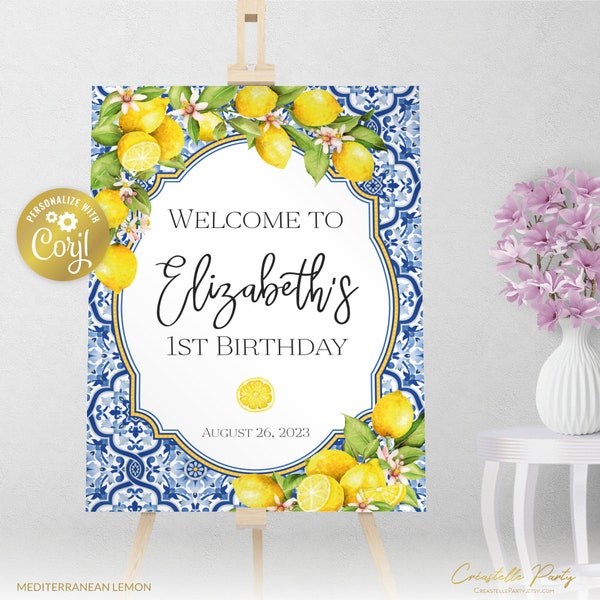 Mediterranean lemon welcome sign, tuscan party editable sign, printable party decoration, azulejos blue tile sign, editable with corjl