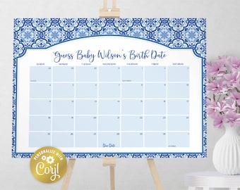 Segno del calendario della data di scadenza mediterranea, azulejos blu indovina la data di arrivo, gioco di compleanno del bambino, toscano, festa di Positano stampabile, corjl