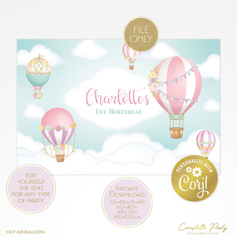 Editable Hot Air Balloon pink backdrop file, Up, Up and Away poster, floral decoration, sky and cloud background, template corjl, FILE ONLY image 3