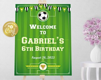 Welkomstbord voetbalveld, groen bewerkbaar bord voetbalfeest, afdrukbare feestdecoratie sportteam, bord voetbal, bewerkbaar met corjl