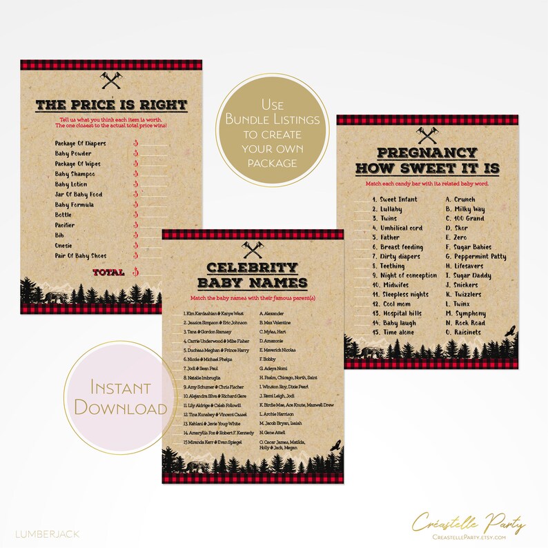 woodland digital games INSTANT DOWNLOAD Rustic lumberjack baby shower printable games package 3 buffalo plaid game bundle