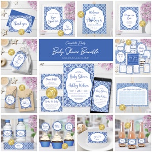 Mediterranean editable baby shower decoration package, tuscan baby bundle, positano digital party decor, azulejos blue tile, corjl template