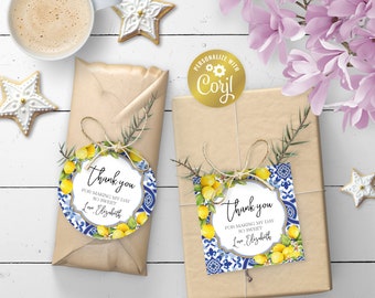 Mediterranean lemon editable favor tag, azulejos blue tile birthday, tuscan digital party favor, printable thank you label, corjl template
