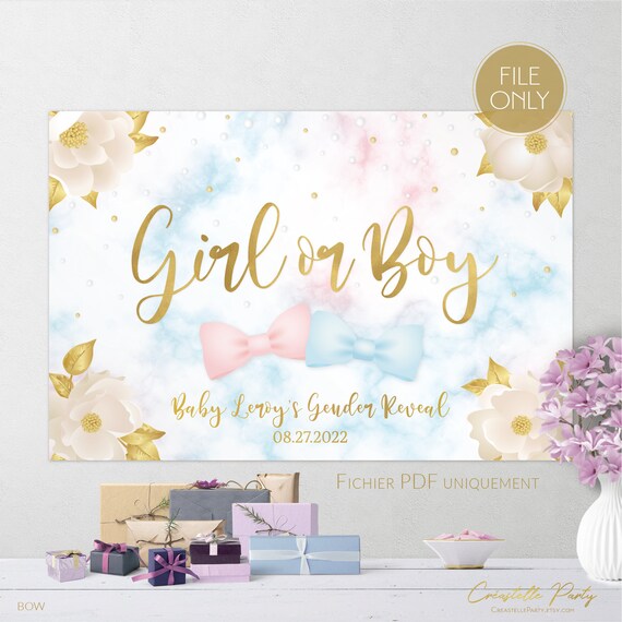 DIGITAL gender reveal party backdrop file, floral party poster, bow party decoration, gold, pink, blue clouds background, marble, FILE ONLY Il_570xn