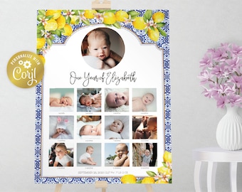 Mediterranean lemon birthday board, editable tuscan first year in picture, photo collage sign, printable 12 months milestone, corjl template