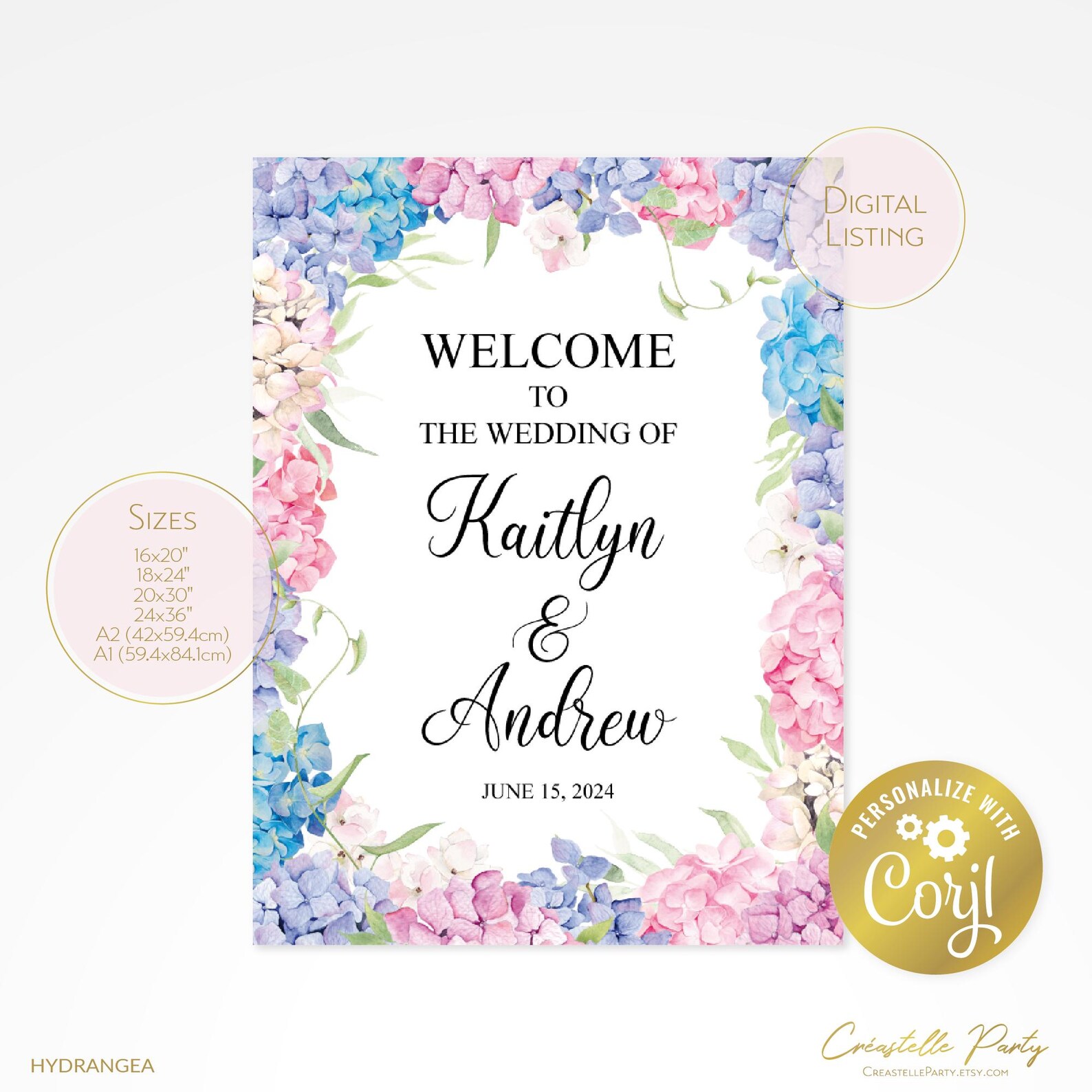 Hydrangea Welcome Sign, Pink and Blue Editable Sign, Purple Floral ...