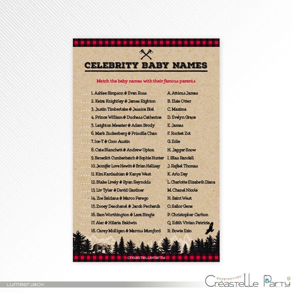 Rustic lumberjack buffalo plaid Celebrity Baby Names game baby shower