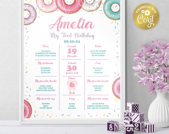 Donut first birthday milestone sign, sweet one printable template, pink sprinkles baby's 1st birthday poster, editable with Corjl