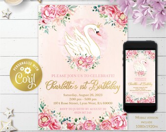 Swan, editable pink and gold printable invitation, birthday digital invitation, pink blush floral evite, electronic invite, corjl template