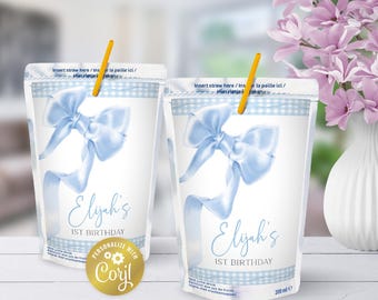 Bow editable juice pouch label, blue elegant ribbon birthday snack, pretty coquette digital party favor, printable, corjl template