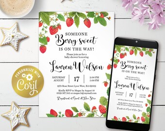 Strawberry invitation, editable berry sweet baby shower digital invitation, red printable, evite, corjl template