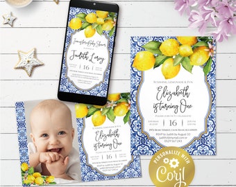 Mediterranean lemon, editable tuscan printable invitation, positano birthday digital invitation, azulejos blue tile evite, corjl template