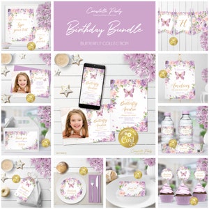 Butterfly editable party decoration package, pink, gold, lavender birthday printable, digital party supplies, floral pack, corjl template