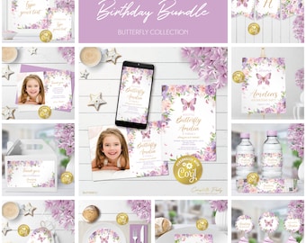 Schmetterling bearbeitbares Partydekorationspaket, rosa, gold, Lavendel Geburtstag zum Ausdrucken, digitales Partyzubehör, Blumenpaket, Corjl-Vorlage