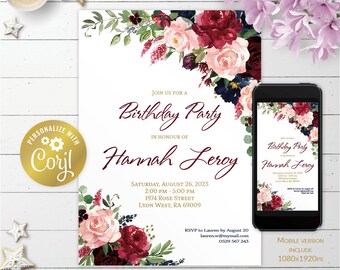 Floral marsala and navy invitation, editable pink roses birthday digital invitation, burgundy printable, fall evite, corjl template