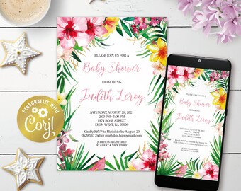 Tropical floral, editable watercolor jungle neutral baby shower digital invitation, hawaiian flowers printable, floral evite, corjl template