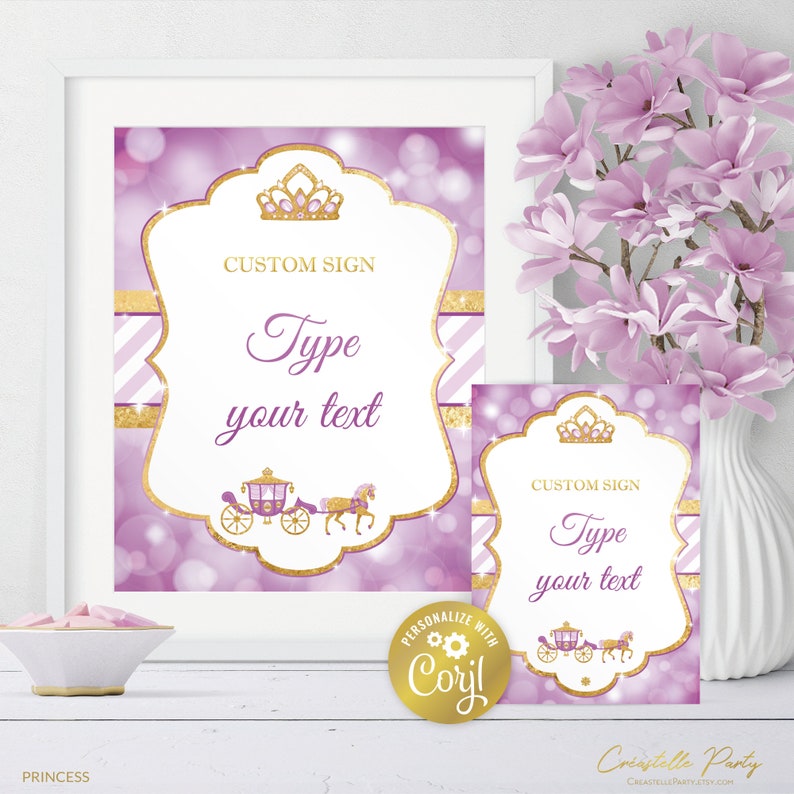 Princess Custom Signs Princess Party Sign Set, Royal Crown Printable Signs, Gold & Purple ...