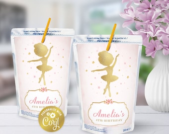 May include: Two pink and gold juice box pouches with a ballerina silhouette design. The pouches have a personalized label with the name "Amelia's" and the text "4th Birthday".