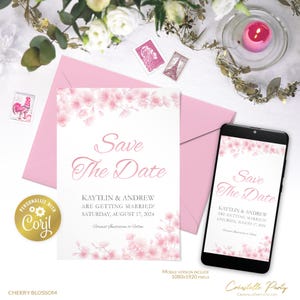 Ciliegio in fiore, biglietto digitale modificabile con sakura rosa, stampabile floreale primaverile, annuncio di matrimonio, modello corjl